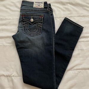 Dark Wash True Religion Skinny Jeans w/ Tan Stitching Detail